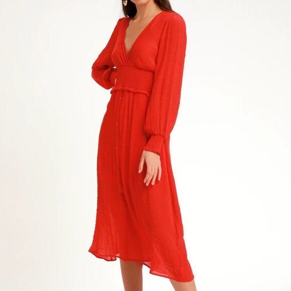 Lulus 'Go For It' Long Sleeve Midi Dress size XS in Red - Picture 2 of 14